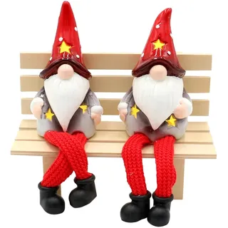 Dekohelden24 ***LED Keramik Kantensitzer als Gnom - Wichtel mit Mütze in rot, grau und weiß, als 2er Set, L/B/H 6,3 x 5,8 x 19 cm