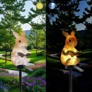 YZYOE Solar angetrieben Kaninchen Lese Lichter, Garten dekoratives Harz niedliche Tier Bodenlampe, drahtlose Dämmerung zu Dämmerung LED-Lichter wasserdicht.