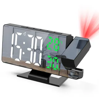 Brifit Projektionswecker, Digital Wecker mit Projektion 180°, Projektionsuhr mit Temperatur und Luftfeuchtigkeit, LED-Spiegelbildschirm, Snooze, Einstellbare Helligkeit, Digitaluhr für Schlafzimmer