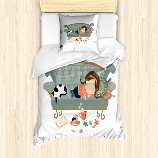 ABAKUHAUS Kätzchen Mantele, Sleeping Girl mit Katze, Milbensicher Allergiker geeignet mit Kissenbezügen, 135 cm x 200 cm - 80 x 80 cm, Mehrfarbig