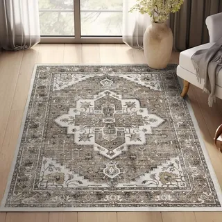 TOPICK Teppich Wohnzimmer 90x150cm Vintage Leicht und dünn,Waschbarer Boho Teppich Kurzflor Groß Distressed Weicher Outdoor Teppich rutschfeste Carpets Badezimmer Küche Schlafzimmer Braun