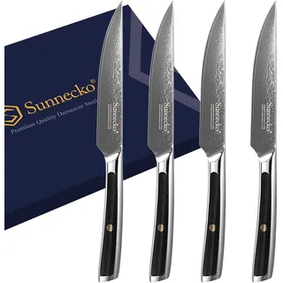 Sunnecko 4 Teilig Steakmesser Set, Hochwertige Damast Steakmesser, Scharfe Klinge und G10 Griff, Steakbesteck set, Pizzamesser Grillbesteck Tafelmesser mit Geschenkbox