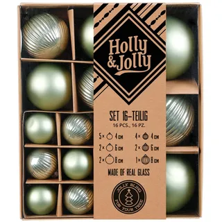 Holly & Jolly - Weihnachtskugeln mit Struktur Mild Sage, 16 Stück | Christbaumkugeln aus Glas, ca. 4, 6 und 8 cm, Weihnachtsbaumschmuck in Salbei, matt & strukturiert, Weihnachtsdeko