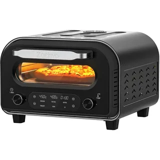 zachvo Elektrischer Pizzaofen - bis 450°C, 5 voreingestellte Pizzaarten, 1-60 Min Timer, Touchscreen & Drehregler, Edelstahlgehäuse, für 32cm Pizza, inkl. Pizzastein, Pizzaschieber, Rezeptbuch, Schwarz