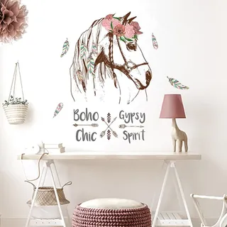 WandSticker4U®- Wandtattoo PFERDE Mädchen groß (56x90 cm) I Wandsticker Kinderzimmer Mädchen Pferde Blumen Boho Chic Pferdeposter I Wandaufkleber Mädchenzimmer Teenager Jugendzimmer Deko