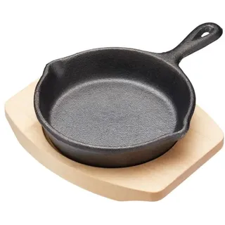 Artesa Mini-Bratpfanne mit Servierbrett aus Ahornholz, Gusseisenpfanne mit Griff 16 x 11,5 x 2,5cm, Brett 13,5 x 10,5 x 1,5cm, 1 Set, Schwarz / Beige