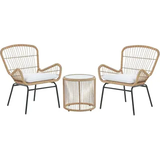Beliani Balkonset Hellbraun Rattan Stahl Sicherheitsglas 2 Stühle Beistellstisch mit Auflagen Balkon Terrasse Garten - Beige/Schwarz
