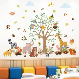Wandtattoo Dschungel Tiere Wandaufkleber, 2 Stück Baum Reben Wandaufkleber, Elefant Giraffe Löwe Affe Zebra Eule Wandsticker für Jungen Mädchen Babyzimmer Schlafzimmer Wanddeko (30x90 cm) (Waldheim)