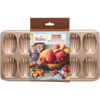 Decora, 0070112 Backform Gold Line Madeleine, 12 Mulden, Maße: 8 x 5,5 x H 2 cm, ideal für die Zubereitung von hübschen Kuchen, aus robustem Metall, antihaftbeschichtet