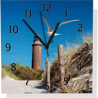 Wallario Design Wanduhr Möwe am Strand mit Leuchtturm aus Aluverbund, Größe 30 x 30 cm - Blau