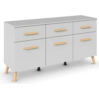 Rauch Möbel Skandi by Aditio Sideboard, Kommode, Schubladenschrank, Lowboard, 3 Schubkästen, Soft-Close, Holzfuß, Farbe Seidengrau, 140x73x42cm