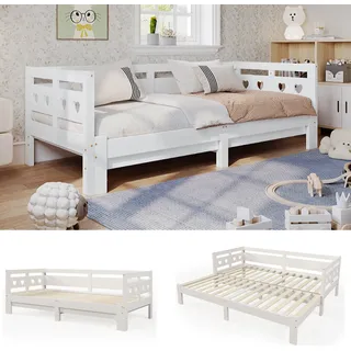 Flieks Tagesbett Ausziehbar, Schlafsofa Jugendbett 90x200cm/180x200cm, Funktionsbett Kinderbett Gästebett Massivholzbett, Naturbelassen - Weiß