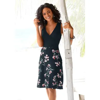 Strandkleid BEACHTIME, Damen, Gr. 42, N-Gr, blau (marine, geblümt, bedruckt), Jersey, Obermaterial: 95% Viskose, 5% Elasthan, figurumspielend knieumspielend, V-Ausschnitt, Kleider Strandkleid, mit bedrucktem Rockteil, Sommerkleid in Wickeloptik, Jerseykleid, Topseller