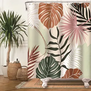 Bovlleetd Botanisch Duschvorhang 180x180cm Abstrakt Tropische Pflanzen Ahorn Palmblatt Geometrisch Boho Vorhang Boy Girl Art Decor Wasserdicht Badevorhänge mit 12 Haken für Badezimmer, Badewanne