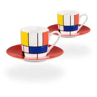 tea4chill Könitz Espresso Tassen Set Mondrian Large Fragments. 2 Kaffeetassen 65ml aus Porzellan. Espressotassen modern, bunt - Bunt