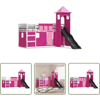 The Living Store Etagenbett mit Rutsche und Gardinen Rosa 90x200 cm - Rosa