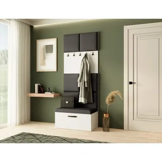 Garderobe MARGARET I, Farbe: Weiß + Schwarz, mit gepolsterten Paneelen und Kleiderhaken - Weiß, Schwarz