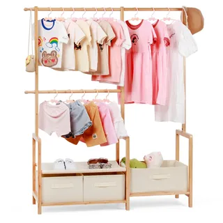 Relquorax Bambus Kleiderständer mit drei Stange, Kinder Kindergarderobe, kleiner Organizer Kleiderstange mit 3 Aufbewahrungskiste, für Kostüme und Accessoires