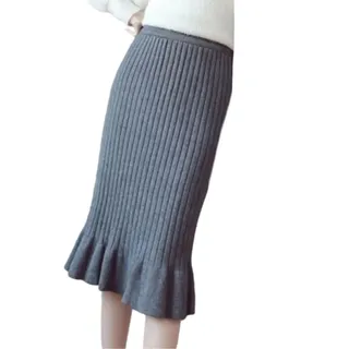 OLEETS Strickrock Für Damen - Frauen Elegante Stricken Rock Herbst Winter Plissee Rüschen Elastische Hohe Taille Einfarbig Warm Für Party Prom Büro Streetwear