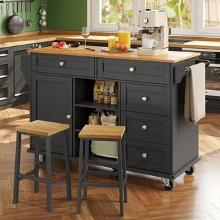 Flieks Servierwagen Küchenwagen mit Rollen & Holzbeinen, Kücheninsel Küchentrolley mit Verstellbaren Regalen, Küchenschrank Speisewagen, Schwarz - Schwarz, Naturbelassen