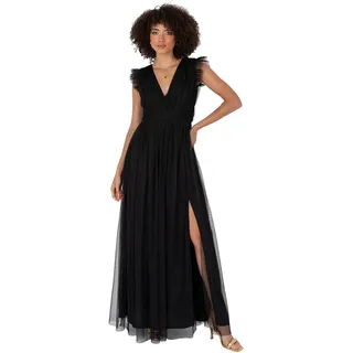 Anaya with Love Damen Women's Maxi Ladies V-Neck Short Sleeve Split Tulle A-line for Wedding Guest Bridesmaid Evening Occasion Ball Gown Dress, Schwarz, 52 EU