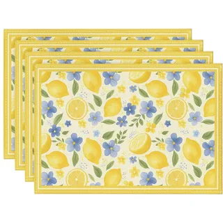 Artoid Mode Gelb Zitrone Blätter Blumen Sommer Platzsets 4er Set, 30x45cm Urlaub Tischsets Waschbar Platzdeckchen Küche Party Deko