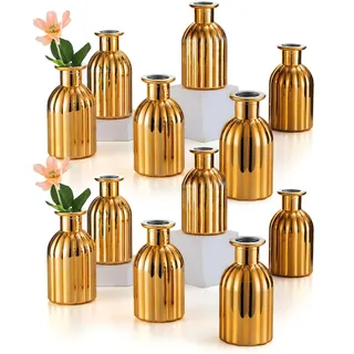 Inweder Glasvase für Weihnachten Tischdeko - Satz von 12 Kleinen Blumenvasen Vintage Gerippte Knospe Vase Glas Gold Glasflaschen Hochzeitsdeko Tisch Pflanze Propagation Station Raumdeko Wohnzimmer
