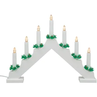 Idena 31837 - LED Adventsleuchter mit 7 LED Kerzenlichtern in Warmweiß, Schwibbogen aus weiß lackiertem Holz, mit Ersatzlampe und Schalter, Deko für Innen, als Winter-, Advents- und Weihnachtsdeko