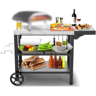 GFTIME Edelstahl Grilltisch Grillwagen mit 3 Etagen, Pizzaofenständer, Grilltisch für den Außenbereich, Arbeitswagen mit 4 Haken, Outdoor Servierwagen Beistelltisch, Grill Trolley 116 x 54cm