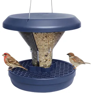 SWISSINNO Vogelfutterhaus zum Aufhängen – Davos SMART Birds - Vogelfutterspender mit Auffangschale - Futterstation für Vögel - Futtersilo Rattensicher - Vogelhaus für Garten & Balkon - Indigo