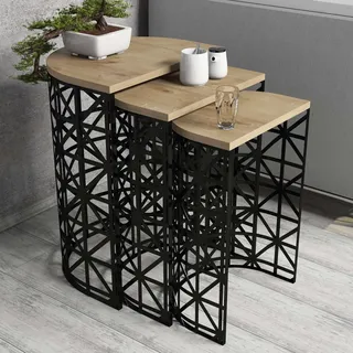Modern Nesting Table Set (3 Pieces), Oak & Black, 100% Melamine Coated, Metal Frame, 18mm Thick | Stylish & Functional for Home & Office