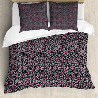 ABAKUHAUS Leopard-Druck Bettbezug, Tier, Milbensicher Allergiker geeignet mit Kissenbezügen, 155 cm x 220 cm - 80 x 80 cm, Rosa Grau Schwarz - Rosa