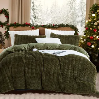 Lanqinglv Plüsch Bettwäsche 135x200 Grün Dunkelgrün Flauschig Langhaar Kunstfell Winterbettwäsche Warm Kuschelig Flanell Fleece Cashmere Touch Bettbezug mit Reißverschluss und 1 Kissenbezug 80x80cm