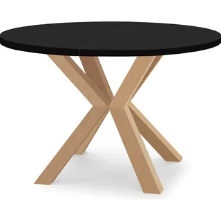 Runder Ausziehbarer Tisch für Esszimmer RAL mit Holzbeinen, Loft-Stil, Industriel, Durchmesser: 90 / 190 cm, Farbe: Schwarz / Buche Natur - Schwarz, Hellbraun