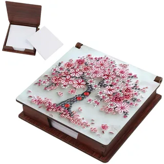 SHEGZHUC Diamond Painting Notizzettel Zettelbox Nachfüllpack Halter Bambus Notizblock mit 160 Blättern Diamant Malerei Zettelkasten Notizzettelbox Holz Mosaik Bilder Geschenk(Kirschbaum Kirschblüten)