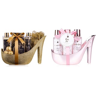 accentra Luxury Badeset Geschenkset in wunderschönem goldenem Glitzer Pumps, 9-teiliges Luxus Beautyset Pflegeset Duschset – für ein entspanntes SPA Erlebnis &