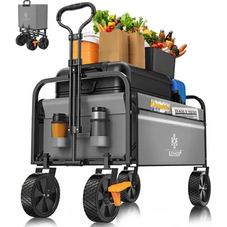 KESSER® Bollerwagen faltbar Handwagen Transportkarre max. 150kg Tragkraft & 360° PVC-Reifen Gerätewagen inkl. 2 Netztaschen, Seitentasche & Abdeckung Transportwagen Gartenanhänger ohne Dach - Grau