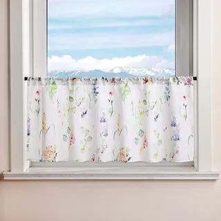 Delien Scheibengardine Bunt Bistrogardinen mit Tunnelzug Landhaus Küchengardine Bedruckte Cafe Kurzstores Weiß Kurze Gardinen mit Blumenmuster Modern 1 St. Breite x Höhe 120x60cm