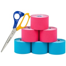 SL StarTape - Kinesiologietape, elastisches Sporttape aus Baumwolle, selbstklebendes Physiotape, wasserabweisend, hautfreundliches Taping, 5 x 550 cm, pink/blau, 6er Set + Schere