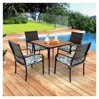 Rattan Gartenmöbel Set für 4 Personen, Essgruppe mit Tisch und Stühlen, Gartentisch mit Schirmloch