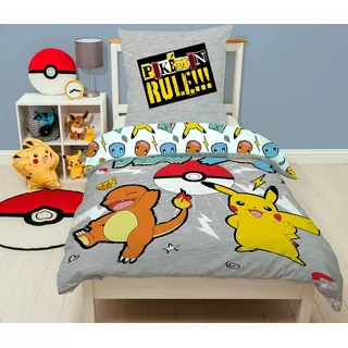 Pokemon Bettwäsche für Kinder 135x200 80x80 cm · Biber-Bettwäsche aus 100% Baumwolle mit Reißverschluss · Graues Motiv mit Pikachu, Glumanda, Shiggy und Bisasam - Grau, Bunt