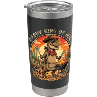 Lustiger T-Rex-Dinosaurier für Herren, Aufschrift "Daddy King Of BBQ", Vatertag Doppelwandiger Edelstahl-Thermobecher