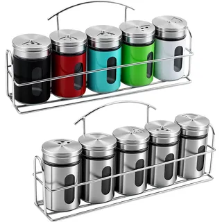 HONYUET 10 Stück Gewürzstreuer Edelstahl Set, Gewürzdosen Glas 100 ml Mehrfarbig mit Gewürzregal, Gewürzbehälter für Küche, Tisch und Köche