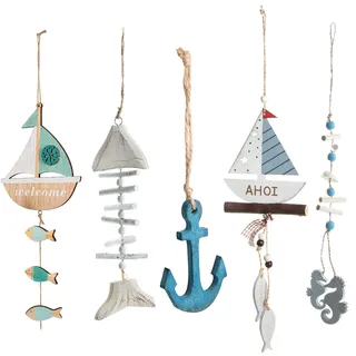 Logbuch-Verlag 5 Maritime Anhänger aus Holz Ostern Deko Anker Segelboot Fisch blau weiß Meer Badezimmer