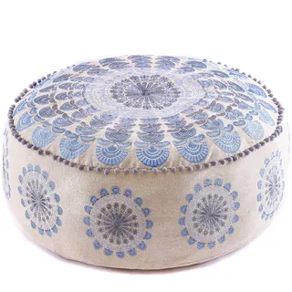 Mandala Life ART Blauer Pouf Rund Mit Ponpon Sitzpouf Groß Dekorist Cozy Groß Bodenkissen Boho Haustierbett Orientalische Sitzecke 100% Baumwolle Ungefüllt 60X20Cm