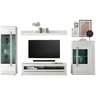 Furn.Design Wohnwand Hochglanz weiß 4-teilig 350 cm, Schrankwand mit Soft-Close , Kunststoff , Nachbildung , Uni , 10 Fächer , 2 Schubladen , 350x200x42 cm , Wohnzimmer, Wohnwände