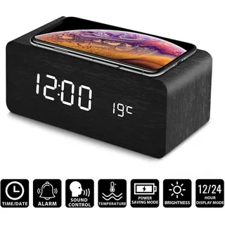 QI Digital Wecker Ladestation Qi Wireless Ladegerät für iPhone Samsung Tischuhr - Schwarz