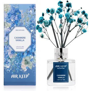Airkeep Raumduft 50ml – Cashmere Vanilla – Duftstäbchen Diffuser mit Trockenblumen – Deko Lufterfrischer für Badezimmer, kleines Zimmer & Wohnzimmer – Geschenkidee