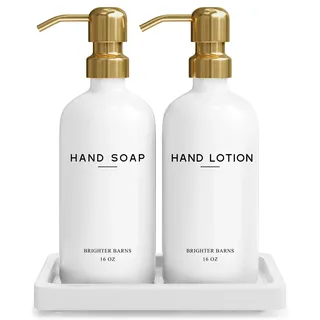 brighter barns Luxus-Glasseifen- und Lotionspender-Set mit Tablett – Handseifenspender Badezimmer-Set & Edelstahl-Pumpe für Zuhause oder Airbnb – Weiß und Gold Badzubehör & Dekor (Gold)