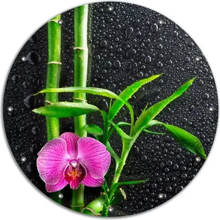 Wallario rundes Outdoor-Poster für Garten oder Balkon, Motiv Bambus und pinke Orchidee auf schwarzem Glas mit Regentropfen, 90 cm Durchmesser - Grün